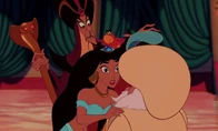 Jafar watching a concerned Jasmine check on her father.