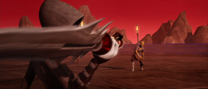 The Nightbrother throws a spear at Ventress who catches it and throws it back at the warrior killing him.