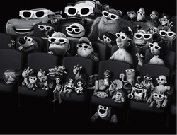 Chunk and his friends watch a movie with other Pixar characters