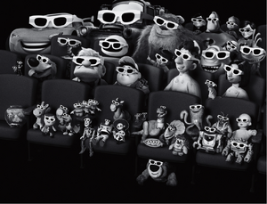 Stretch and her friends watch a movie with other Pixar characters.