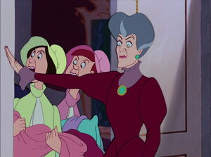 "Quiet!"-Lady Tremaine silencing her daughters as she watches Cinderella.