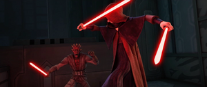 Maul and Sidious duel on the balcony.