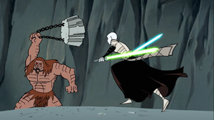 When Asajj Ventress entered The Cauldron to challenge the Rattatakan gladiators, Flog attempted to defeat her.