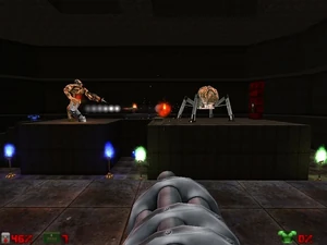 The Spider Mastermind and a Cyberdemon fighting.