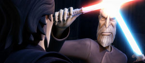 Dooku smirks while being crossed in a blade-lock.