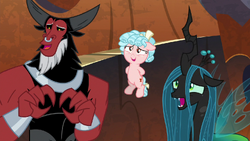 Tirek, Cozy, and Chrysalis laugh nervously S9E2