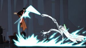 Tyranus jumps as Grievous twirls his body with his blade-work.