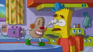 Mr. Potato putting his attachments on Bart's face.