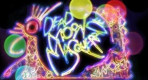 A fantastic and glittering, neon sign-like logo of the Dead Moon Masquerade (Dead Moon Circus).