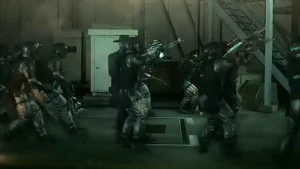 XOF guarding Skull Face from his Metal Gear.