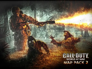 The promotional art of Map Pack 2, A soldier burns a zombie while he tries to ran away.