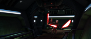 Ventress rolls away with Dooku in pursuit of her.