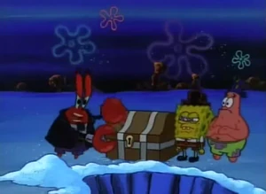 Mr. Krabs snatching the treasure chest from SpongeBob and Patrick, to keep it to himself.