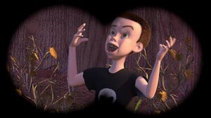 Sid laughing as he's going to blow up a Combat Carl.