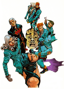 Kira with DIO, Kars, Vinegar Doppio, Enrico Pucci, and Funny Valentine.