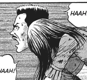 Goda rescuing Remina from the cross after a shockwave caused by missiles.