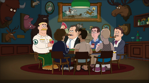 Woody playing poker with Todd Ford and the other rich people.