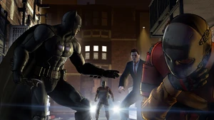 A soldier being stopped by Batman in his attempt on Mayor Dent's life.