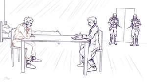 Richard Chappell under the guise of Agent Chad Pick interviewing a member of SCP-638.