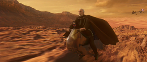 Dooku escapes on his speeder with an escort of two Geonosian fighters.