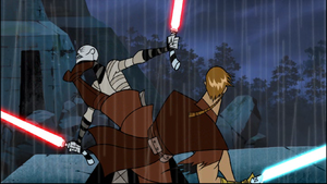 Anakin manages to kick Ventress in the chin.