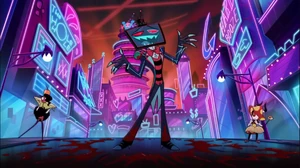 Vox arrives after Alastor calls him out to battle.