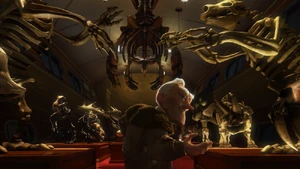 Muntz showing Carl and Russell the museum inside his airship