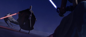 Dooku pulls off his hood and brandishes his lightsaber.
