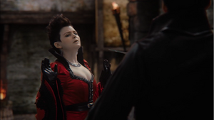 Snow feigns defeat when Hook holds her at sword-point.