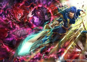 Loptous' appearance in Julius's and Seliph's joined card artwork in Fire Emblem 0 (Cipher).