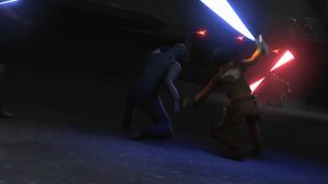 The Eighth Brother throwing three S-Mine Detonators at the Jedi rebels.