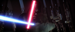 Vader ambushes Luke as he walks into a hallway.