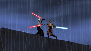 Skywalker makes the first move, leaping to the top of the Massassi temple where Ventress stands.