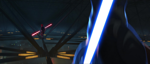 As Maul turned to look at her, Tano rushed at him as he reignited his own lightsaber to continue their duel.