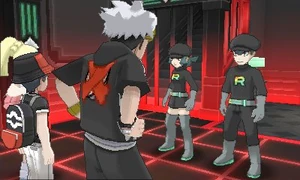 Guzma and the player facing two grunts.