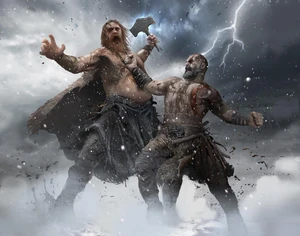 Concept of Thor battling Kratos during their climactic duel in Midgard.