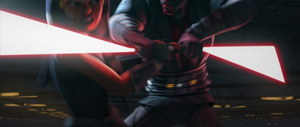 Gaining the upper hand, Tano managed to grab Maul's lightsaber and throw him over her back.