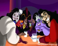 Jafar (with Iago) teams up with Captain Hook, Cruella De Vil and Ursula in Mickey's House of Villains.
