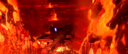 Vader jumps through lava to get to Kenobi.