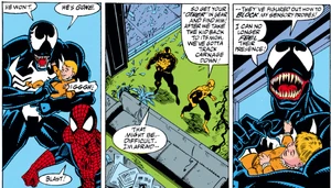 Venom holding on to a baby, talking to Spider-Man about stopping Carnage.