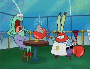 Mr. Krabs shows the customer the true appearance of the synthetic Krabby Patties, much to said customer's horror and disgust.