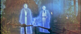 During the celebration, Luke saw a vision of a redeemed Anakin in the robes of a Jedi Master with Obi-Wan Kenobi and Yoda next to him.