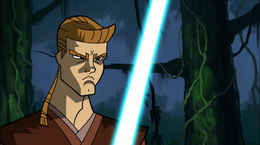 Anakin brandishes his lightsaber readying to duel.