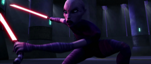 Ventress tries to leap strike Obi-Wan but misses.