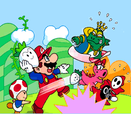 Wart with Birdo, a Shy Guy and a Snifit faces Mario and Toad