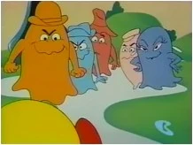 The Ghost Gang as seen in the Hanna Barbera Pac-Man cartoon. Clyde is orange, Inky is blue, Blinky is red, Pinky is pink, and Sue is purple.