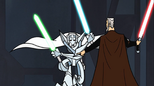 Tyranus shoves Grievous to the side with a Force push.