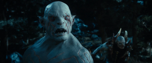 Azog is displeased with the dwarfs fighting off the wargs.