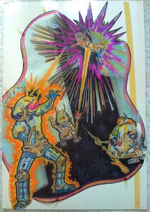 Evil Otto in the original/prototype sideart image for the arcade machine, featuring the original robots.