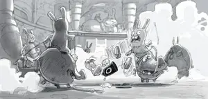 Concept artwork of Sergueï as a guard observing Rayman fighting the Rabbids.
